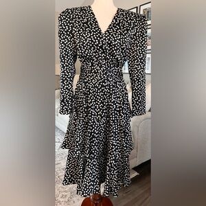 Vintage Richard Warren 100% Silk Hearts Black White Tiered Dress Size 10